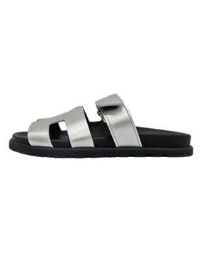 Hermes Chypre Sandals Silver Black Shoes 37.5